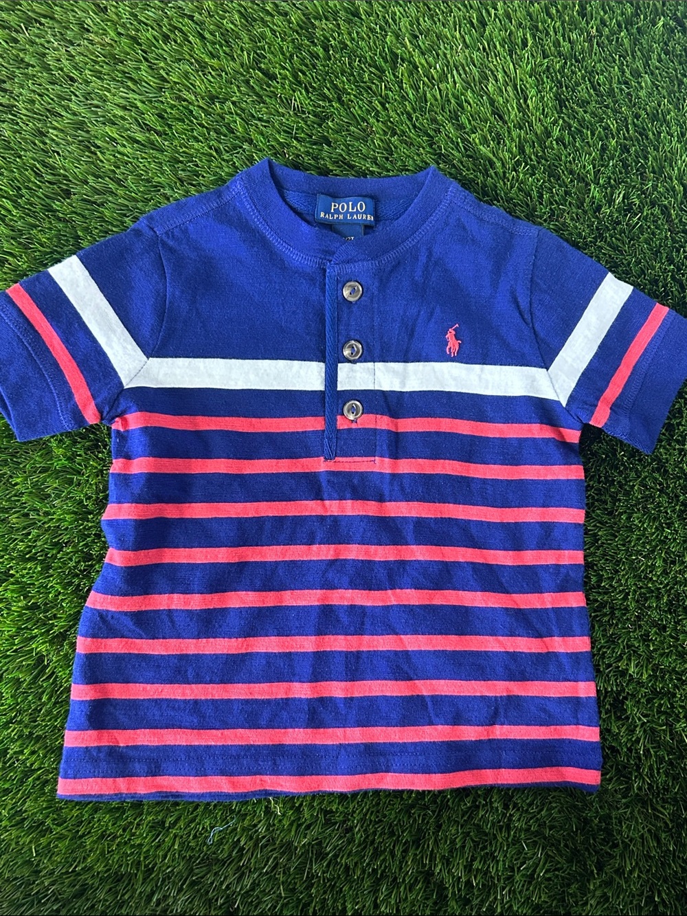 Polo by Ralph Lauren Blue, White & Pink Striped Henley Tee